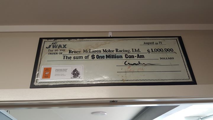 A One Million Can-Am dollars publicity cheque  sent to us from Pennsylvania by Rich McConnell has a permanent home in the Trophy Room. Thanks Rich.
The signature in red on the second line is Sir Stirling Moss.