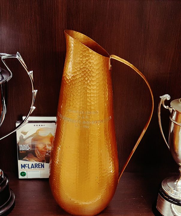 Trophy of the Month
Large Copper Jug with handle 
Bruce & Tony Maggs driving for John Ogiers Essex Racing Team, this was a 1000km sportscar endurance race.  
They finished 2nd driving an Aston Martin DRB1 at Nurburgring
Gestiflet Von Der D.A.S. V111 Internatioinales ADAC 1000km  Rennen – 27 May 1962 - (words on trophy)
(ADAC translated is General German Automobile Club)